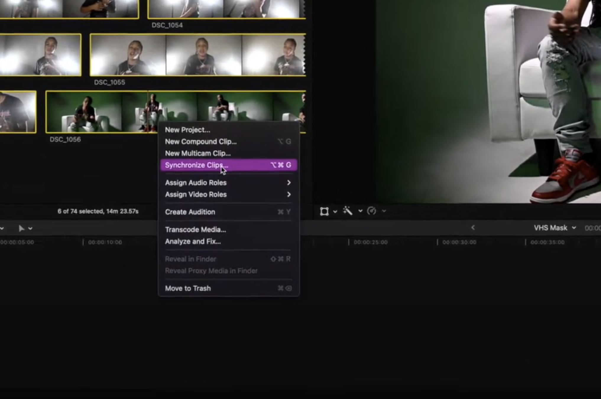 a screenshot of a video editing, sync clips in final cut pro